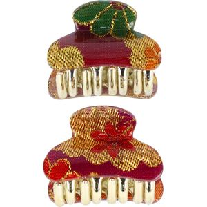 Haarsoires Haarspeld Haarklemmen 4cm – Glitter Bloemenprint – Goud Paars – Set van 2 - Haarclip Klem - Hair Claw - voor Opsteken Haar - Hair Clip - Decoratieve Haaraccessoire