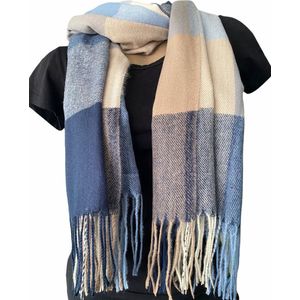 Warme Sjaal - Unisex - Geblokt - Blauw - Beige - 180 x 70 cm (23105#)