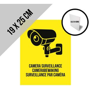 Pictogram/ bord op alu di-bond | ""Camera surveillance/ Camerabewaking/ Surveillance par caméra"" | 19 x 25 cm | CCTV | Beveiliging | Camerabewaking | Videobewaking | Diefstal verhinderen | Preventie | Opvallend | Geel | 3 mm | 3 talen | 1 stuk