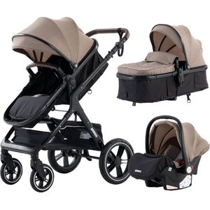 Luxe 3-in-1 Kinderwagen - Wandelwagen - Autostoeltje - Buggy - Inklapbaar - Khaki en zwart - 0-36 Maanden
