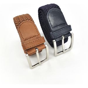 2 pack deal - Elastische broekriem Stretch riem Vlecht riem Gevlochten riem Elastiek riem - unisex - Kleur -Blauw -Cognac