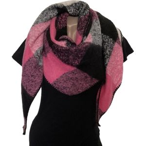 Warme Driehoekige Sjaal - Geruit - Roze/Zwart - 195 x 90cm (016919#)