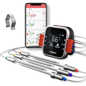 AidMax - Vleesthermometer - BBQ thermometer - Vleesthermometer BBQ - 6 sondes – Bluetooth met App - Waterbestendig – Incl. Batterijen - Geleverd met 2 sondes