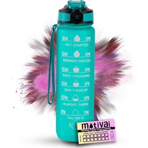 Motivatie Waterfles Motivai® - Turquoise - Inclusief Extra Afsluitklepje - 1 Liter - Motiverende Drinkfles met Rietje - BPA Vrij - Met Motivai® Hydration Challenge