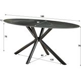 LifestyleFurn Ovale Eettafel 'Felisa' Keramiek, 180 x 90cm, kleur Zwart Marmerlook