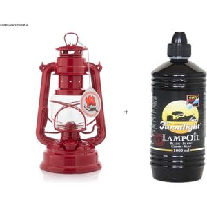 Feuerhand 276 Olielamp / Stormlamp / Stormlantaarn ruby red + 1 Liter Farmlight lampolie