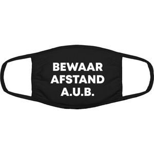 Bewaar afstand a.u.b. mondkapje | 1,5 meter | gezichtsmasker | bescherming | bedrukt | logo | Zwart mondmasker van katoen, uitwasbaar & herbruikbaar. Geschikt voor OV