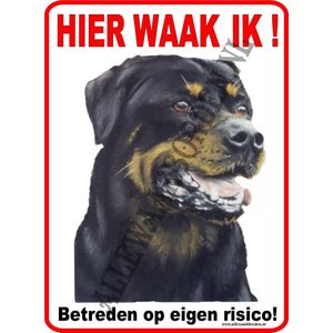 Rottweiler 174...(vertikaal)...(formaat: 15x20cm)...ondergrond wit...(Hier waak ik!)....(opdr.: Rood/zwart+full color afb.)...Gratis verzending!