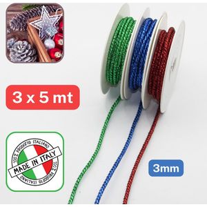 3 Rollen GEMETALISEERDE KOORDEN, 100% LUREX, MADE IN ITALY, LUXE KWALITEIT, MIX A, 5 Meter Rood, 5 Meter Groen, 5 Meter Blauw
