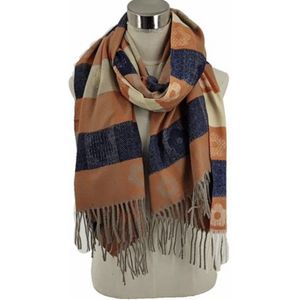 Sjaal blok-bloemenprint herfst-winter 185/70cm beige/oranje/donkerblauw