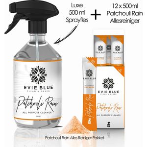 EvieBlue Allesreiniger Patchouli Rain - Orange Patchouli - Try Me pakket (12 x 500ml) - 12 universele ECO doseringen plus herbruikbare fles (bottle for life) - 100% plasticvrij verpakte navullingen - SophieGreen & EvieBlue