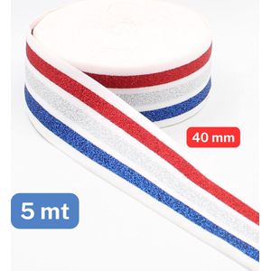 5 Meter LUREX ELASTIEK, Breedte 40MM, Kleur WIT/BLAUW/ZILVER/ROOD