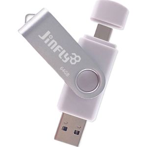 Jinfly 2 in 1 USB-Stick - USB-A 3.0 & USB-C poort - DUAL USB - 64GB Geheugen - snelheden tot 40MB/s & 120 MB/s - Flash Drive OTG - voor alle smartphones, tablets, laptops, computers - WIT