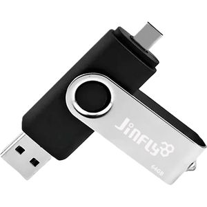 Jinfly 2 in 1 USB-Stick - USB-A 3.0 & USB-C poort - DUAL USB - 64GB Geheugen - snelheden tot 40MB/s & 120 MB/s - Flash Drive OTG - voor alle smartphones, tablets, laptops, computers - ZWART