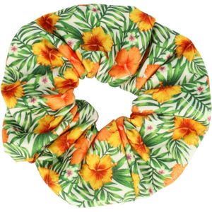 Haarsoires Haarelastiek Scrunchie – Bloemenprint – Gladde Stof – Oranje Geel Groen - Haarkrinkel - Haar Elastiek met Stof - Zacht & Haarvriendelijk