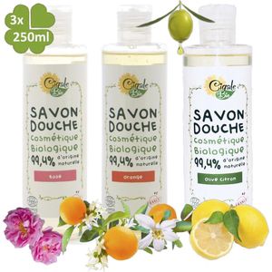 Cigale Bio Voordeel assortiment. Biologische rozen douchegel 250ml Biologische Sinaasappel bloesem douchegel 250ml . Biologische Olijf olie douchegel 250ml. Zonder conserveermiddel - kleur