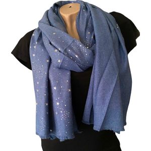 Lange Warme Dames Sjaal - Sterrenprint - 2-Zijdig - Jeansblauw - 180 x 70 cm (18-4)