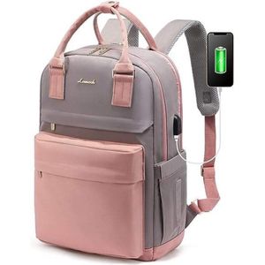 Rugzak voor dames, 15,6 inch, laptoprugzak, schoolrugzak, meisjes, tieners, met USB-aansluiting en laptopvak, waterdichte schooltas, dagrugzak, elegant, voor school, universiteit, reizen - Roze