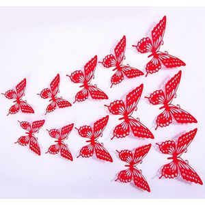 Cake topper decoratie vlinders - muur decoratie met plakkers 12 stuks rood VL-04