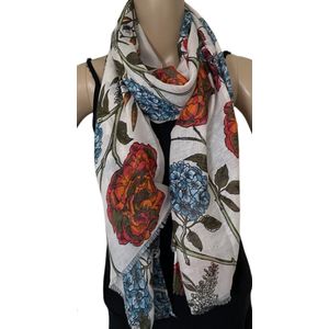 Dames lange sjaal met bloemenprint wit/rood/blauw