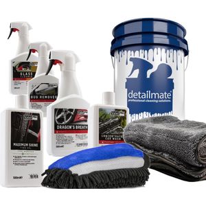 Back to work Valet Pro autowas set bestaande uit Velgenreiniger, shampoo, ruitenreiniger, bandenglans droogdoek 50 x 80 cm en WashMitt. Nu met een kosteloze Detailmate wasemmer 3,5 gallon twv € 14,50