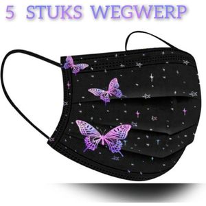 Vlinder wegwerp mondmaskers - Paarse sterrendans - per 5 stuks
