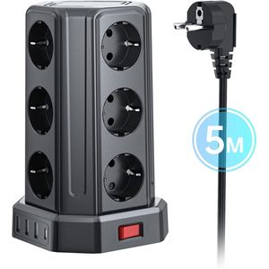 Stekkerdoos 5 meter - Zinaps Power Strip 12-Way Multiple Socket met 5 USB-socket-toren, 5 m Kabel en 2 Switches Multi Socket Power Strip, Surge Protection and Short Circuit Protection (WK 02128)