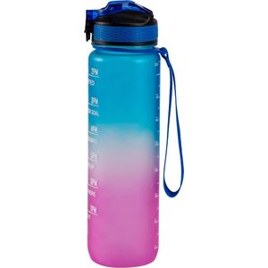 Motivatie Waterfles - Blauw/Roze - 1 Liter Drinkfles - Waterfles met Rietje - Waterfles met tijdmarkering - BPA Vrij - Volwassenen - Drinkfles Kinderen