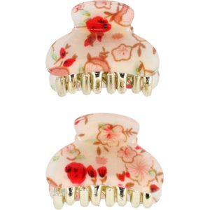 Haarsoires Haarspeld Haarklemmen 4cm – Bloemenprint – Creme Rood �– Set van 2 - Haarclip Klem - Hair Claw - voor Opsteken Haar - Hair Clip - Decoratieve Haaraccessoire