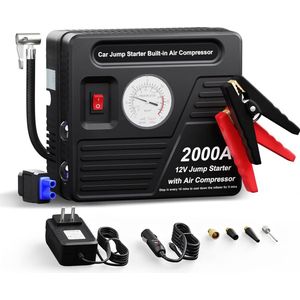 Jumpstarter Met Compressor - Ook Voor Diesel - 2000A - 12V - USB Oplaadpoorten - 3 LED Modi - Jumpstarters - Jumpstarter voor Auto - Starthulp - Jumpstarter voor Diesel