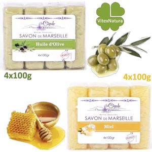 Marseille zeep Glycerine Olijf olie zeep 4x100g, glycerine honing zeep 4x100g.