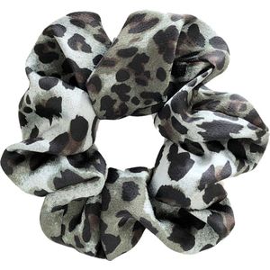 Haarsoires Haarelastiek Scrunchie – Panterprint – Gladde Stof – Zwart Grijs - Haarkrinkel - Haar Elastiek met Stof - Zacht & Haarvriendelijk