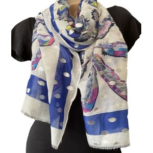 Lange Dunne Sjaal - Veren Print - Blauw - 180 x 90 cm (9346)