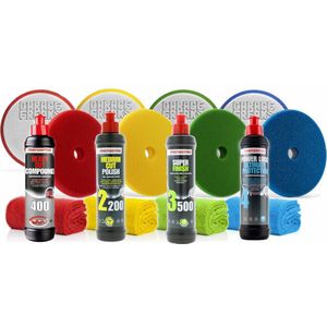 Menzerna polijst pakket 250 ml bestaande uit; Heavy Compound 400, Medium cut polish 2200, Super Finish 3500, PowerLock 4, 4 Pads 150mm Garage Freaks, 4 Poetsdoekjes 40x40 550 gsm