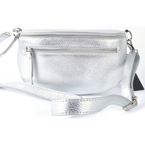 Dames Metallic Lederen heuptas schoudertas leer tas/heuptasje dames festival/kado cadeau voor vrouw/Made in Italië / Zilver