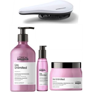 L`Oreal Professionel - Liss Unlimited Set - 500ml - Shampoo + Conditioner + Olie + KG Ontwarborstel - Pluizig Haar Pakket - Serie Expert Set