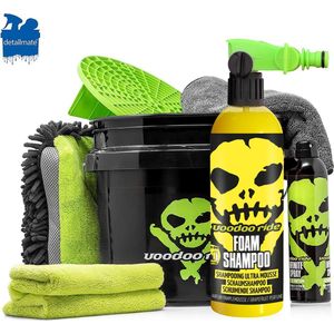 Voodoo Ride Bucket + Grit, 750 ml Wash & Wax Car Shampoo + Inifnity Spray Quick Wax + 3 in 1 Wash Mitt + Polishing Cloth + Microfibre Drying Cloth 40x60 cm