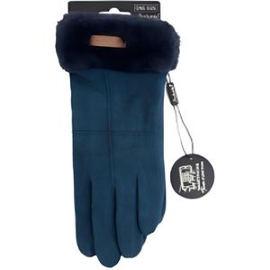Handschoenen Dames | Luxe Dames Handschoenen met Teddy Kraag | Handschoen Dames Winter| Handschoenen Dames Velour | Blauw | One Size