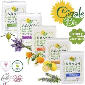 Cigale Bio 5x100g Biologische essentiële rozemarijn, citroen, sinaasappel, lavendel, olijf olie zeep. Zonder conserveermiddel - kleur