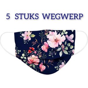 Bloemen wegwerp mondmaskers - Blauw - per 5 stuks