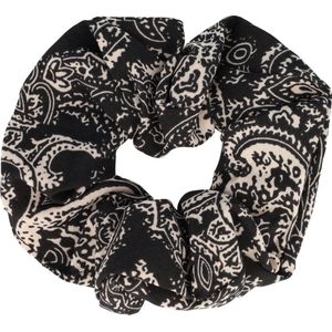 Haarsoires Haarelastiek Scrunchie – Paisleyprint – Gladde Stof – Beige Zwart - Haarkrinkel - Haar Elastiek met Stof - Zacht & Haarvriendelijk