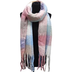 Lange Warme Sjaal - Geblokt - Ecru - Blauw - Roze - 240 x 44 cm (231#)