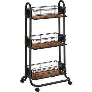 serveerwagen, keukenwagen, keukenplank op wieltjes, trolley met 3 niveaus, wielen 360° draaibaar voor keuken, eetkamer, woonkamer, kantoor aan huis, vintage bruin-zwart LRC031B01