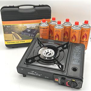 SMH LINE - Camping Kooktoestel - Draagbaar Gasfornuis - Incl. 6x Gasflessen en Koffer
