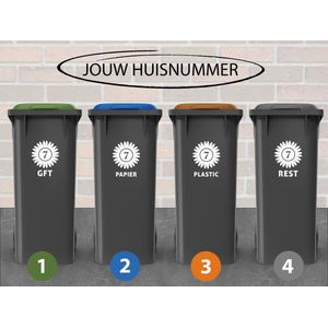 Container Stickers - Voordeelset 4 stuks - 15x20 cm - Sticker voor Afvalcontainer - Klikosticker - Bloem met Huisnummer en Tekst: Plastic, Papier, GFT en Restafval