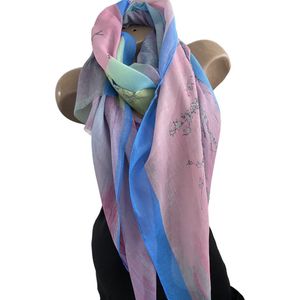Dames Lange Sjaal met bloesem opdruk X-627 180/85CM blauw/roze/groen