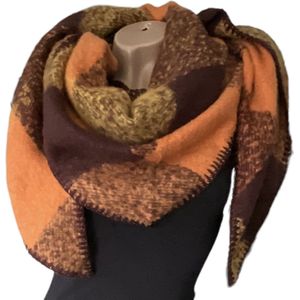 Warme Driehoekige Sjaal - Geruit - Bruin/Oranje - 195 x 95 cm (01696#)