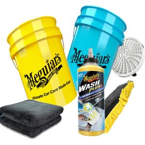 Meguiars auto was set bestaande uit; 2 x Emmer 5 gal 19 ltr , 1 x Dirt Lock grit, Meguiars Wash Plus 710 ml shampoo,Detailmate droogdoek 40 x 60 800 gr/m2 , Detailmate WashMitt met drie functies