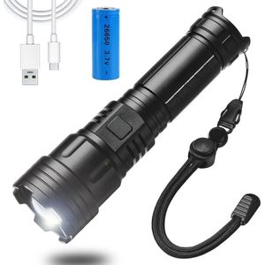 Militaire zaklamp - Zaklamp - Zaklampen - 3 schakelbare verlichtingsmodi - Zoomfunctie - USB C oplaadbaar - 12000 Lumen - Waterdicht - Zwart