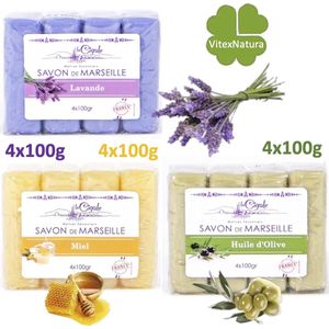 La Cigale - Marseille Zeep - Glycerine Olijf Olie - 4x100g - Glycerine Lavendel Zeep - 4x100g - Glycerine Honing Zeep - 4x100g